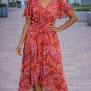 DKNY Pink and Orange Floral Leaf Tropical Ruffle Print Long Dress 20 W